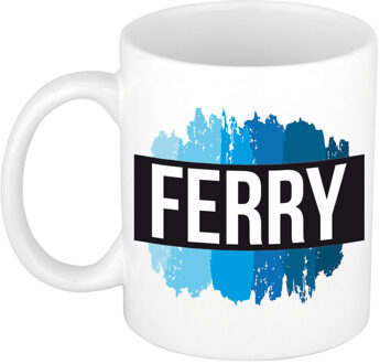 Bellatio Decorations Ferry naam cadeau koffie mok - beker - met blauw verfstrepen - Cadeau collega - vaderdag