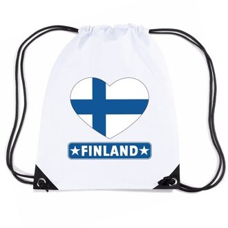 Bellatio Decorations Finland nylon rijgkoord rugzak/ sporttas wit met Finse vlag in hart