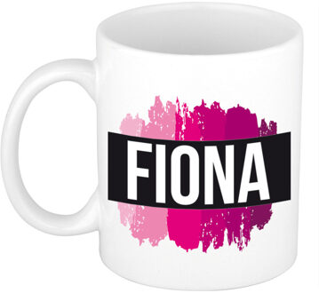 Bellatio Decorations Fiona naam cadeau koffie mok - beker - met roze verfstrepen - Cadeau collega - moederdag