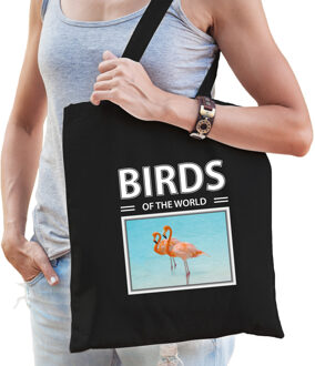 Bellatio Decorations Flamingo tasje zwart volwassenen en kinderen - birds of the world kado boodschappen tas