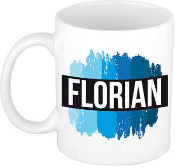 Bellatio Decorations Florian naam cadeau koffie mok - beker - met blauw verfstrepen - Cadeau collega - vaderdag
