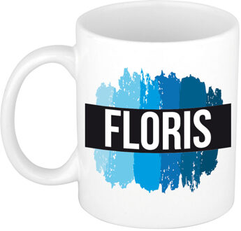 Bellatio Decorations Floris naam cadeau koffie mok - beker - met blauw verfstrepen - Cadeau collega - vaderdag