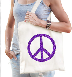 Bellatio Decorations Flower Power katoenen tas met peace teken wit met paarse glitters voor volwassenen - Verkleedtassen