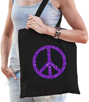 Bellatio Decorations Flower Power katoenen tas met peace teken zwart met paarse glitters voor volwassenen - Verkleedtassen