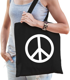 Bellatio Decorations Flower Power katoenen tas met peace teken zwart voor volwassenen - Verkleedtassen