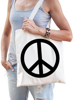 Bellatio Decorations Flower Power Peace teken Tasje - katoen - met draaghengsels - 42 x 38 cm - naturel