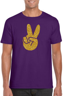 Bellatio Decorations Flower Power t-shirt - paars - gouden glitter peace hand - voor heren - Hippie - Sixties
