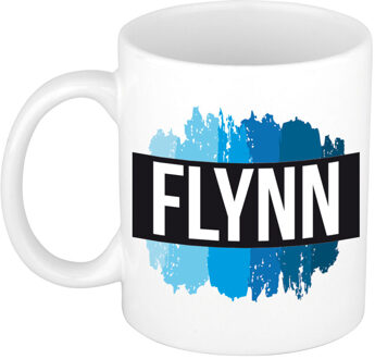 Bellatio Decorations Flynn naam cadeau koffie mok - beker - met blauw verfstrepen - Cadeau collega - vaderdag
