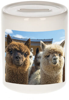 Bellatio Decorations Foto alpaca spaarpot 9 cm - Cadeau alpacas liefhebber - Spaarpotten Multikleur