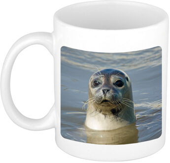 Bellatio Decorations Foto mok grijze zeehond mok / beker 300 ml - Cadeau zeehonden liefhebber - feest mokken Wit