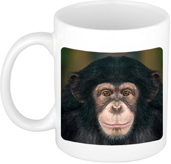 Bellatio Decorations Foto mok leuke chimpansee mok / beker 300 ml - Cadeau apen liefhebber - feest mokken Wit