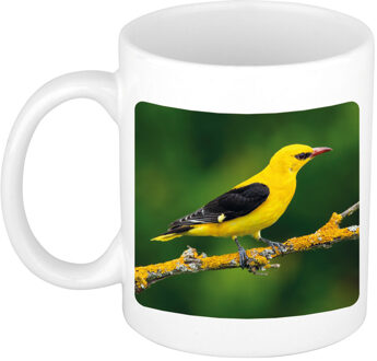 Bellatio Decorations Foto mok wielewaal vogel mok / beker 300 ml - Cadeau vogels liefhebber - feest mokken Wit