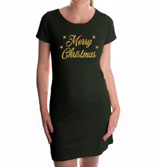 Bellatio Decorations Fout kerst jurkje Merry Christmas glitter goud op zwart voor dames - Kerst kleding / outfit L