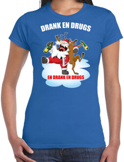 Bellatio Decorations Fout Kerst shirt / Kerst t-shirt Drank en drugs blauw voor dames - Kerstkleding / Christmas outfit XS