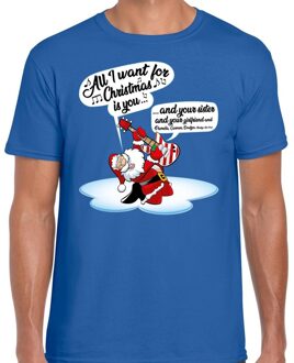 Bellatio Decorations Fout Kerst shirt / t-shirt - Zingende kerstman met gitaar / All I Want For Christmas - blauw voor heren - kerstkleding / kerst outfit 2XL (56)