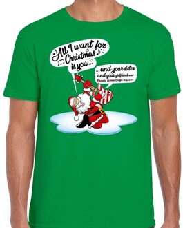 Bellatio Decorations Fout Kerst shirt / t-shirt - Zingende kerstman met gitaar / All I Want For Christmas - groen voor heren - kerstkleding / kerst outfit 2XL (56)