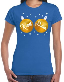 Bellatio Decorations Fout kerst t-shirt blauw met gouden Kerst ballen borsten voor dames - kerstkleding / christmas outfit 2XL