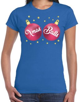Bellatio Decorations Fout kerst t-shirt blauw met roze Xmas balls borsten voor dames - kerstkleding / christmas outfit M