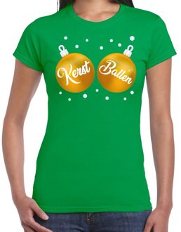 Bellatio Decorations Fout kerst t-shirt groen met gouden kerst ballen borsten voor dames - kerstkleding / christmas outfit XS