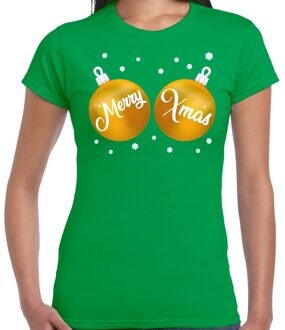 Bellatio Decorations Fout kerst t-shirt groen met gouden merry Xmas ballen borsten voor dames - kerstkleding / christmas outfit 2XL