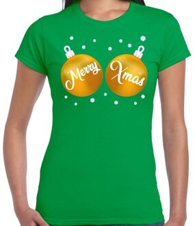 Bellatio Decorations Fout kerst t-shirt groen met gouden merry Xmas ballen voor dames