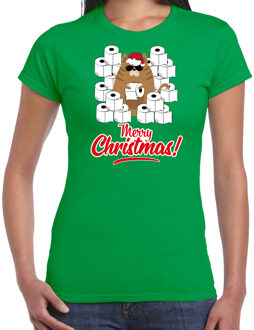 Bellatio Decorations Fout Kerst t-shirt / outfit met hamsterende kat Merry Christmas groen voor dames