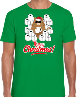 Bellatio Decorations Fout Kerst t-shirt / outfit met hamsterende kat Merry Christmas groen voor heren