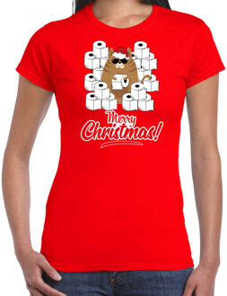 Bellatio Decorations Fout Kerst t-shirt / outfit met hamsterende kat Merry Christmas rood voor dames