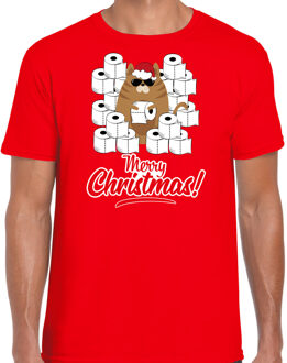 Bellatio Decorations Fout Kerst t-shirt / outfit met hamsterende kat Merry Christmas rood voor heren
