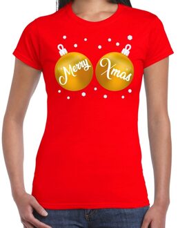 Bellatio Decorations Fout kerst t-shirt rood met gouden merry Xmas ballen borsten voor dames - kerstkleding / christmas outfit XS