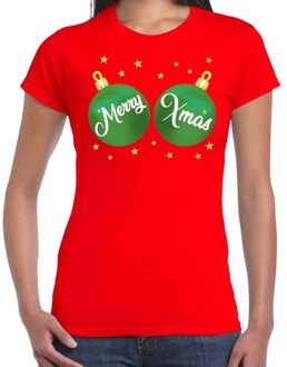 Bellatio Decorations Fout kerst t-shirt rood met groene merry Xmas ballen borsten voor dames - kerstkleding / christmas outfit 2XL