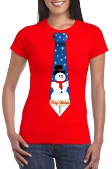 Bellatio Decorations Fout kerst t-shirt rood met sneeuwpop stropdas voor dames