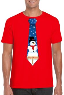 Bellatio Decorations Fout kerst t-shirt rood met sneeuwpop stropdas voor heren