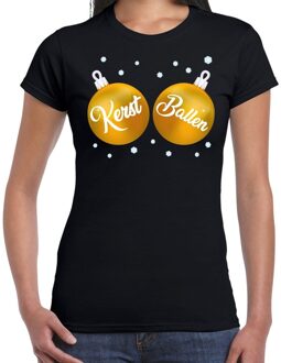 Bellatio Decorations Fout kerst t-shirt zwart met gouden kerst ballen borsten voor dames - kerstkleding / christmas outfit S