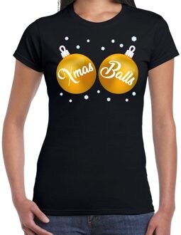 Bellatio Decorations Fout kerst t-shirt zwart met goudenXmas balls borsten voor dames - kerstkleding / christmas outfit L