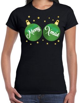 Bellatio Decorations Fout kerst t-shirt zwart met groene merry Xmas ballen borsten voor dames - kerstkleding / christmas outfit XS
