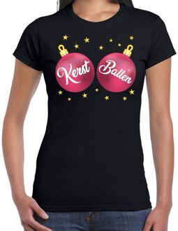 Bellatio Decorations Fout kerst t-shirt zwart met roze kerst ballen borsten voor dames - kerstkleding / christmas outfit 2XL