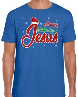 Bellatio Decorations Fout kerstborrel shirt / kerstshirt Happy birthday Jesus blauw heren 2XL (56) - kerst t-shirts