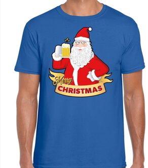 Bellatio Decorations Fout kerstborrel shirt / kerstshirt Santa cheers / bier blauw heren 2XL (56) - kerst t-shirts