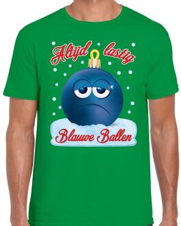 Bellatio Decorations Fout kerstborrel t-shirt / kerstshirt Blauwe ballen groen voor heren 2XL (56) - kerst t-shirts