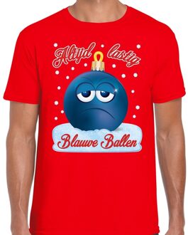 Bellatio Decorations Fout kerstborrel t-shirt / kerstshirt Blauwe ballen rood voor heren L (52) - kerst t-shirts