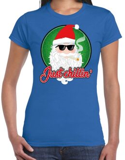 Bellatio Decorations Fout kerstborrel t-shirt / kerstshirt just chillin stoere kerstman blauw voor dames 2XL - kerst t-shirts