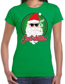 Bellatio Decorations Fout kerstborrel t-shirt / kerstshirt just chillin stoere kerstman groen voor dames 2XL - kerst t-shirts