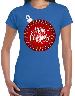 Bellatio Decorations Fout kerstborrel t-shirt / kerstshirt kerstbal merry christmas blauw voor dames 2XL - kerst t-shirts