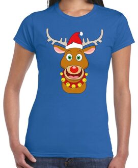 Bellatio Decorations Fout Kerstmis shirt blauw met de kerstman en Rudolf voor dames 2XL - kerst t-shirts