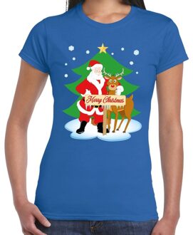 Bellatio Decorations Fout Kerstmis shirt blauw met de kerstman en Rudolf voor dames 2XL - kerst t-shirts