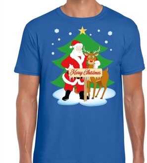 Bellatio Decorations Fout Kerstmis shirt blauw met de kerstman en Rudolf voor heren 2XL - kerst t-shirts