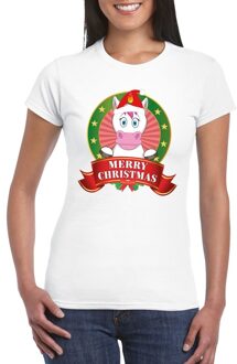 Bellatio Decorations Fout Kerstmis shirt met eenhoorn voor dames 2XL - kerst t-shirts Wit