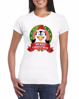 Bellatio Decorations Fout Kerstmis shirt met pinguin print voor dames L - kerst t-shirts Wit