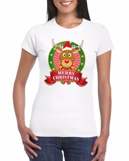 Bellatio Decorations Fout Kerstmis shirt met Rendier Rudolf voor dames 2XL - kerst t-shirts Wit